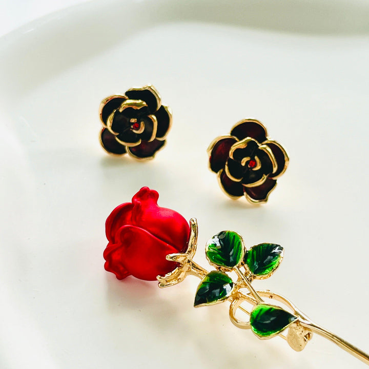 Vintage Wine Red Rose Stud Earrings - Natural Bunny Accessories