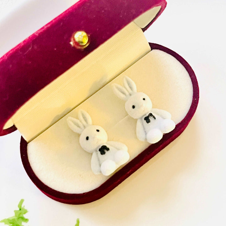 White Fuzzy Bunny Stud Earrings