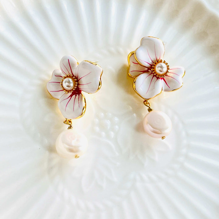 White Orchid Freshwater Pearl Drop Earrings