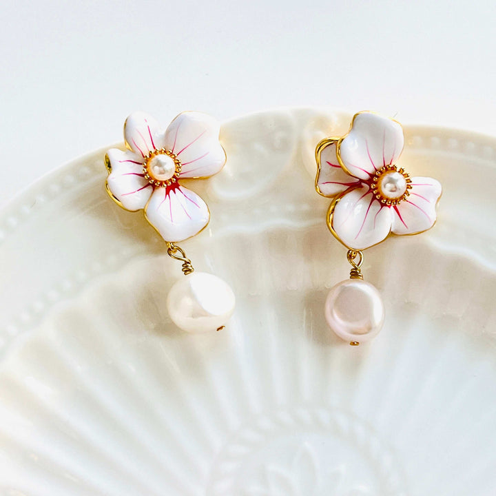 White Orchid Freshwater Pearl Drop Earrings