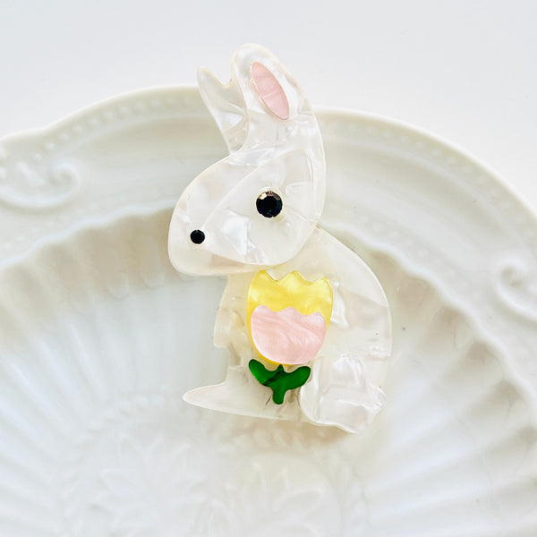 White Rabbit Holding Tulip Brooch