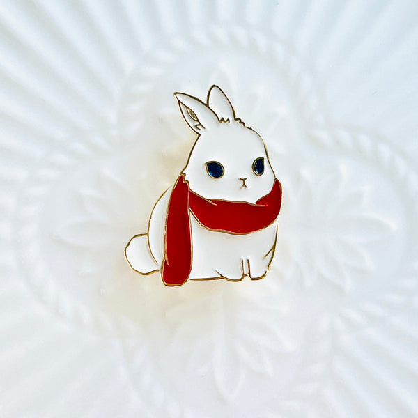 White Rabbit With Red Scarf Brooch Pin