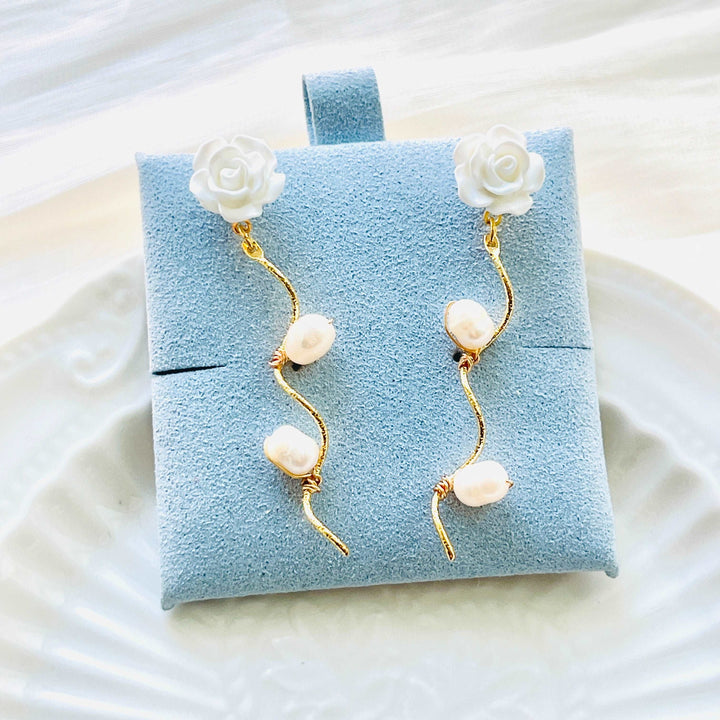 White Rose Pearl Earrings