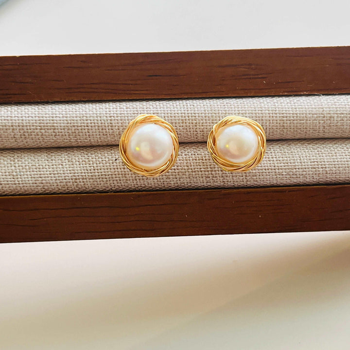 Wire Wrapping Freshwater Pearl Stud Earrings