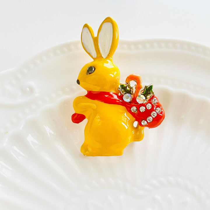 Yellow Rabbit With Candy Cane Brooch