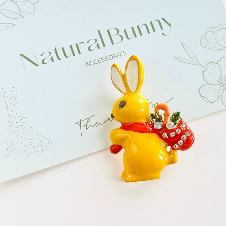 Yellow Rabbit With Candy Cane Brooch