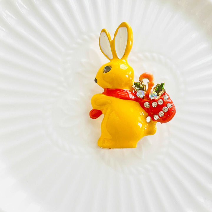 Yellow Rabbit With Candy Cane Brooch