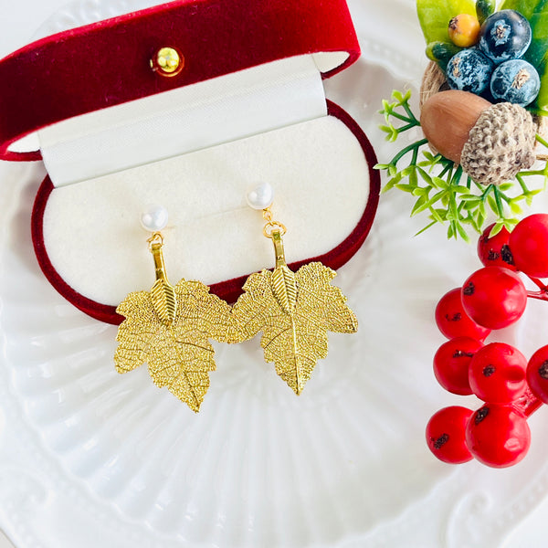 Pearl Maple Leaf Drop Earrings