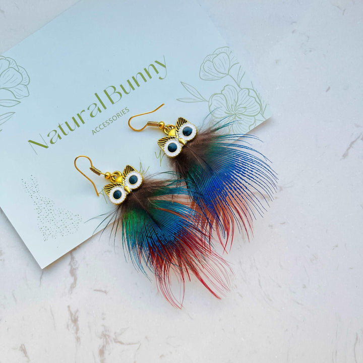 Natural Feather Colorful Owl Dangle Earrings