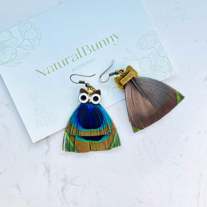 Natural Feather Colorful Owl Dangle Earrings