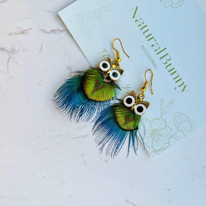 Natural Feather Colorful Owl Dangle Earrings