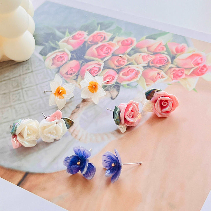 Shimmering Ceramic Rose Flower Stud Earrings